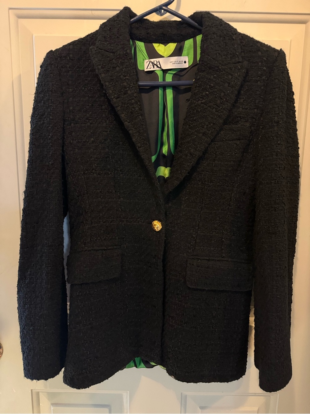 ZARA Tweed Blazer with Green and Yellow Printed Satin Lining
